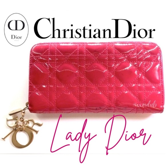 🩷 Christian DIOR Lady Dior Cannage Pink Patent Leather Long Zippy Wallet Charm - Picture 1 of 17